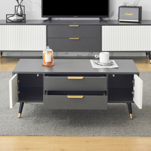 Modern Grey-White Coffee Table-2 Doors, 2 Drawers, Gold Accents, High-Quality Living Room Furniture