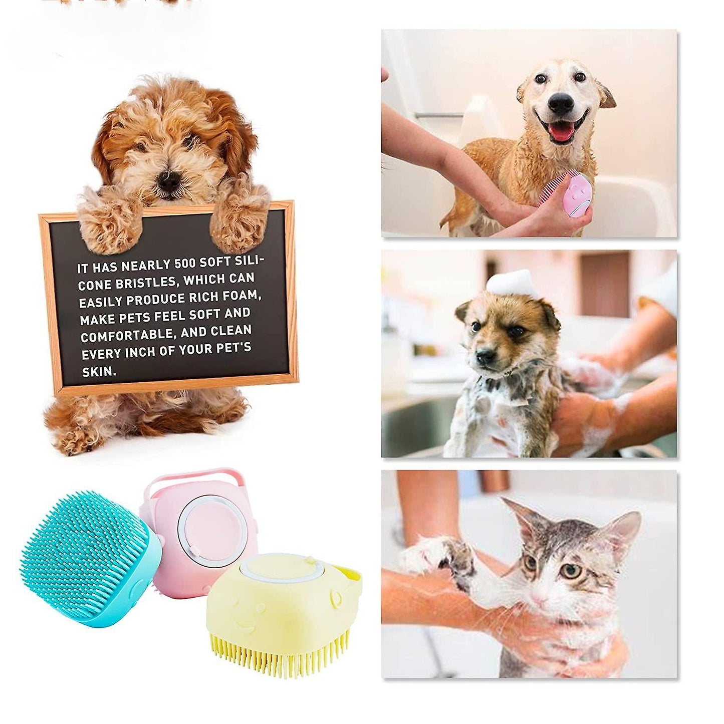 (Y)3PCS Dog Bath Brush, Pet Massage Brush Shampoo Dispenser, Soft Silicone Brush Rubber Bristle for Dogs (Sky Blue)