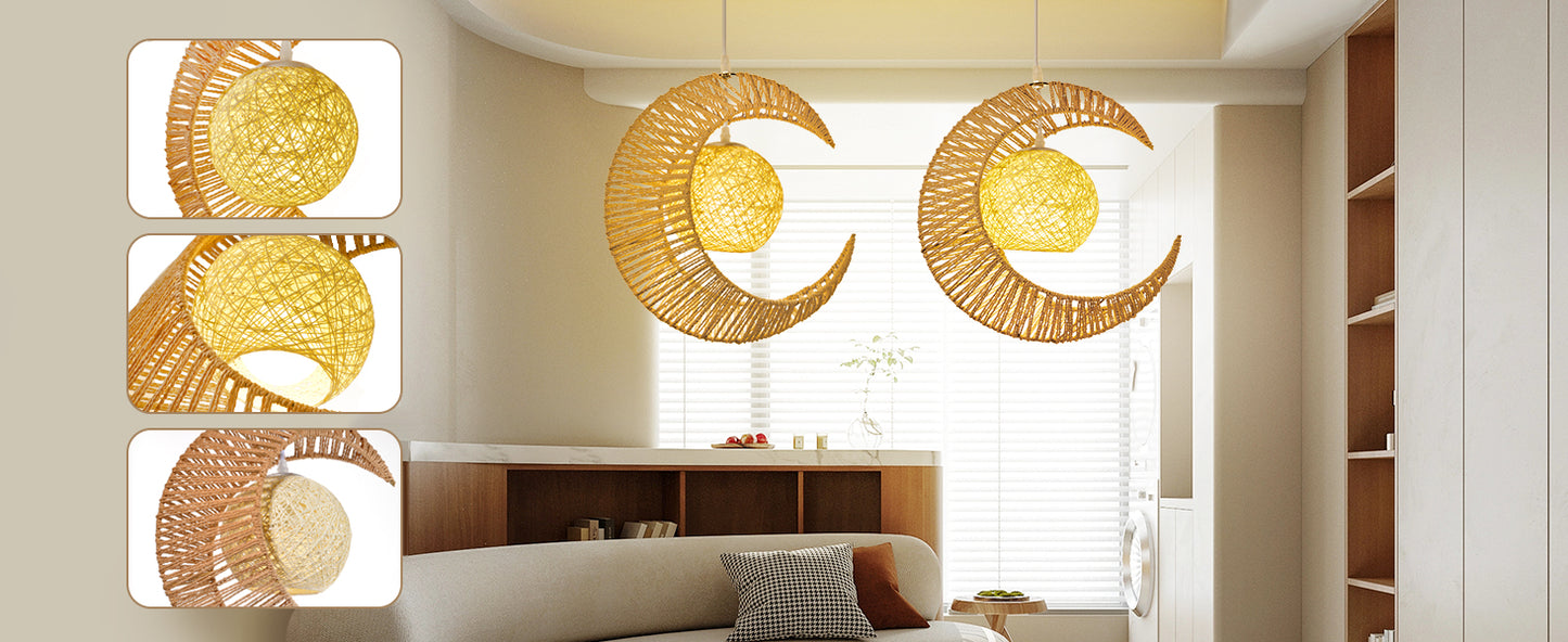 (Q)Vine Pendant Light Hand Woven Moon Shaped Pendant Light,Hemp Rope Lampshade Decorative Pendant Light,Suitable for Study Rooms,Bedrooms,Cafes