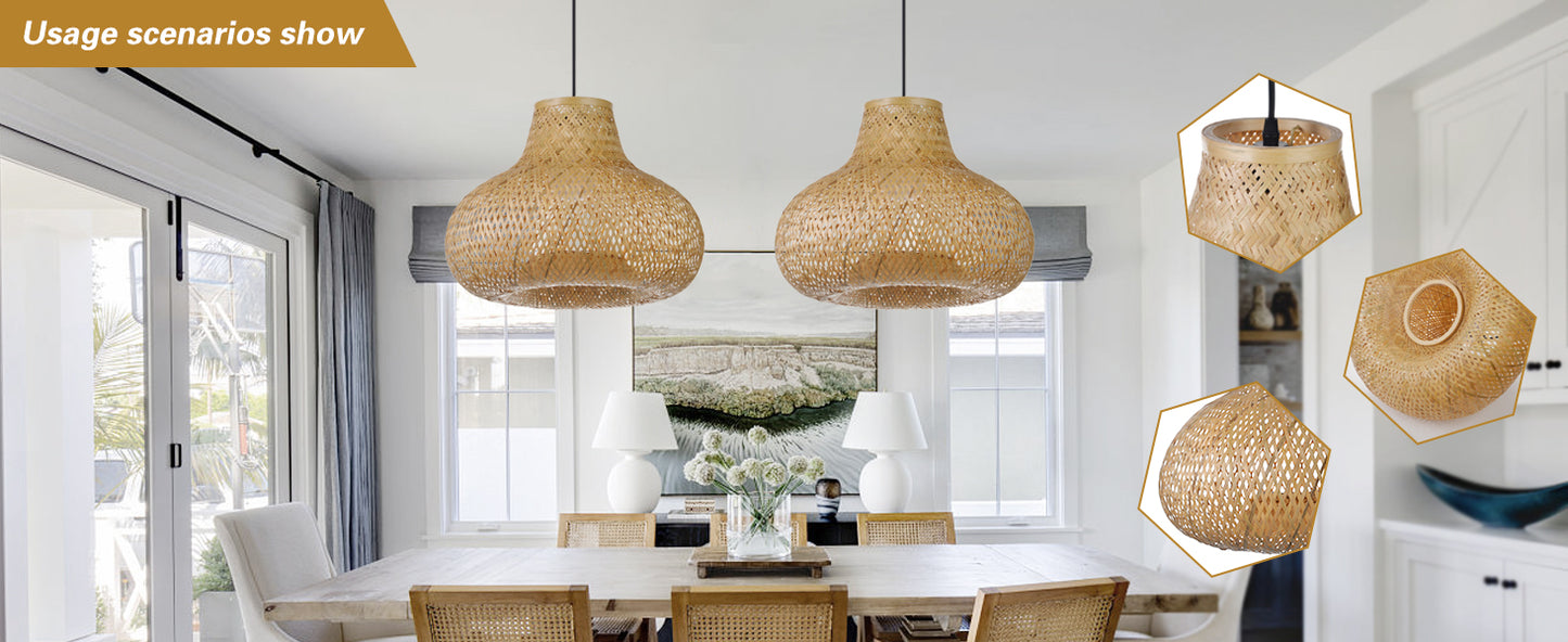 (Q)15.75 Inch Hand Woven Rattan Pendant Light, Bohemian Style Rattan Pendant Light, Suitable for Dining Rooms, Kitchens, Islands, Living Rooms