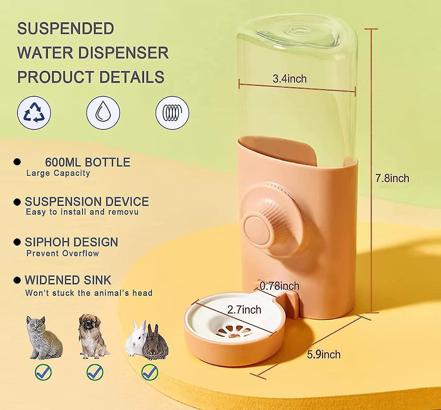 (Y)Rabbit Water Bottle, 600ml Hanging Automatic Water Dispenser By Gravity Flow For Bunny Chinchilla Guinea Ferrets