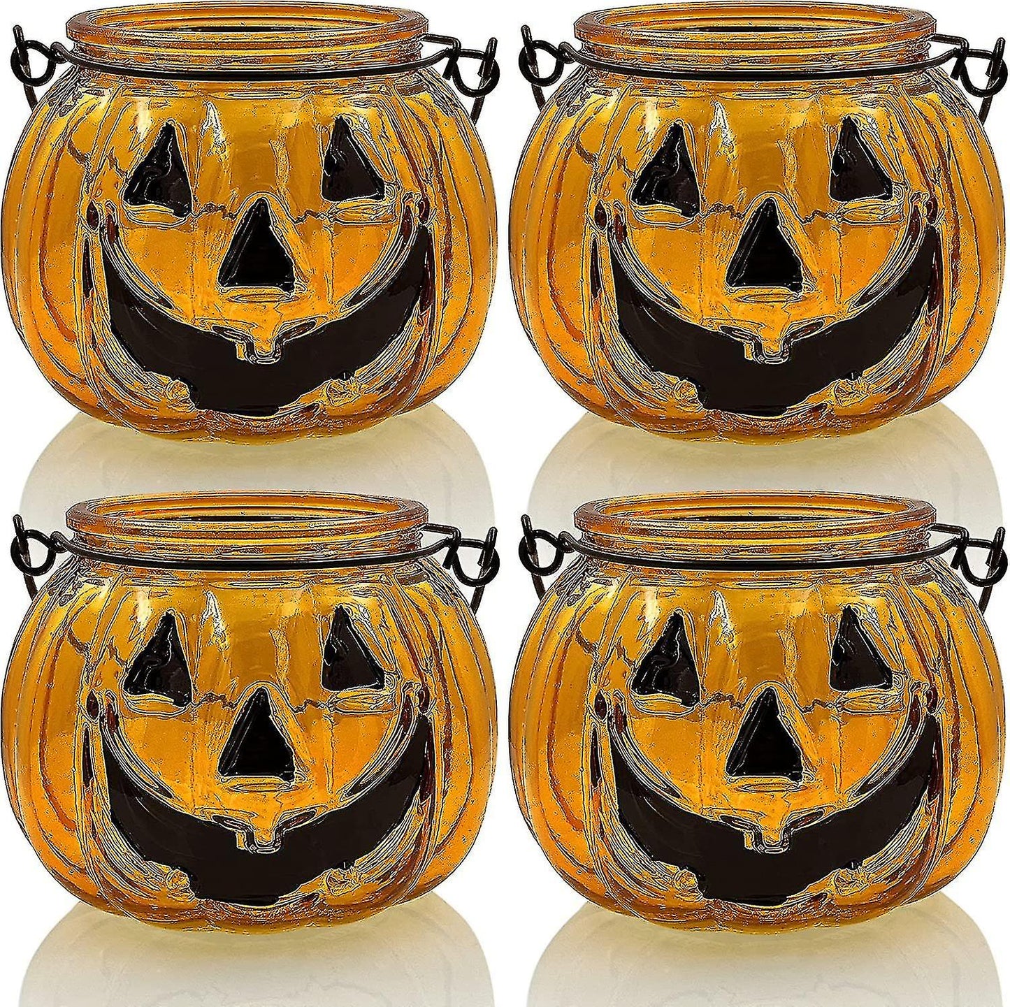 (Y)Halloween Candle Holders Set Of 4, Tealight Votive Candle Holders With Grimace, Metal Hanging Pumpkin Lantern Decorative Orange