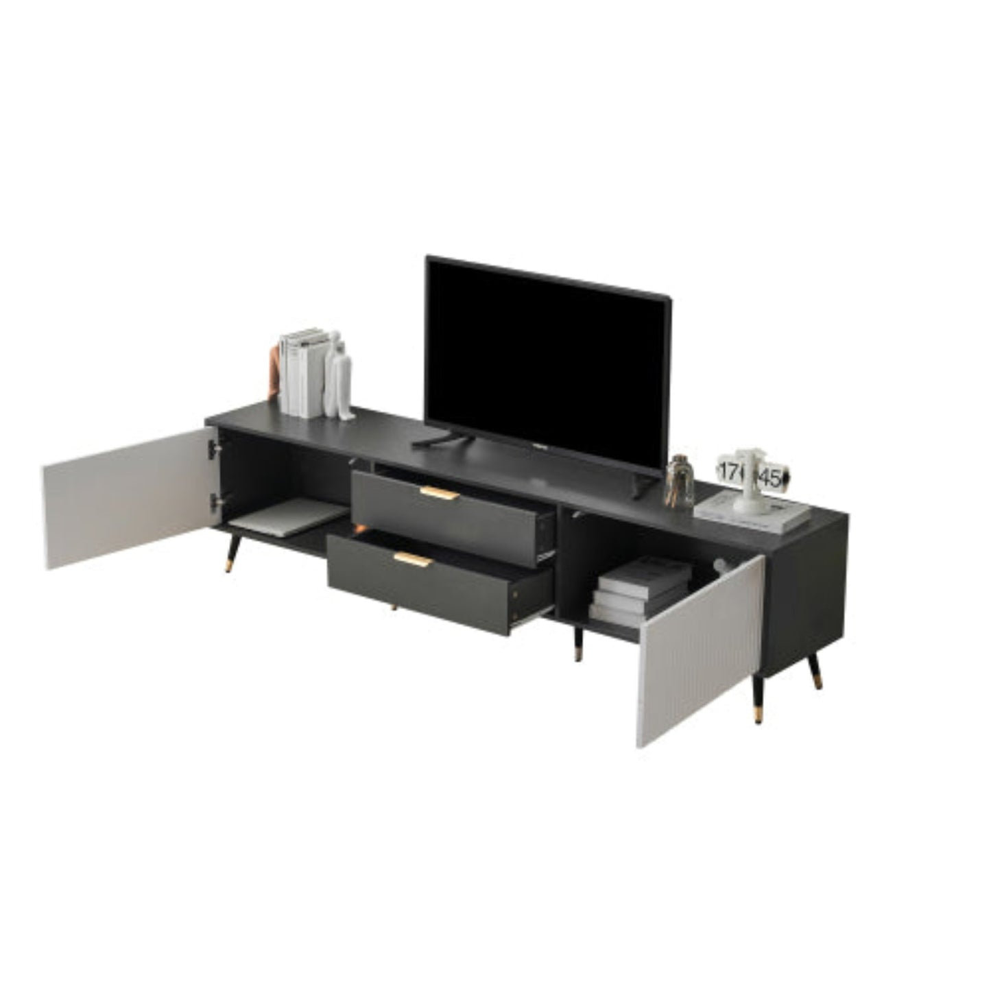 Elegant Grey-White TV Cabinet- 2 Drawers, 2 Doors, Cable Management, Modern Design