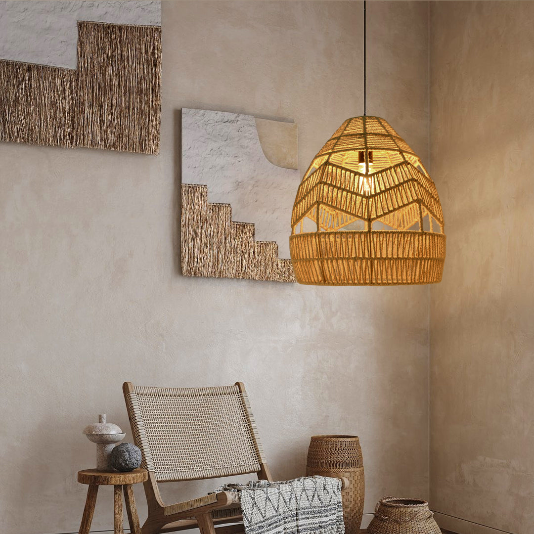 (Z)ARTURESTHOME Natural Woven Rope Pendant Light Boho Chic Hanging Lamp Handcrafted Rattan Light Fixture for Dining Room Living Room Bedroom Decor