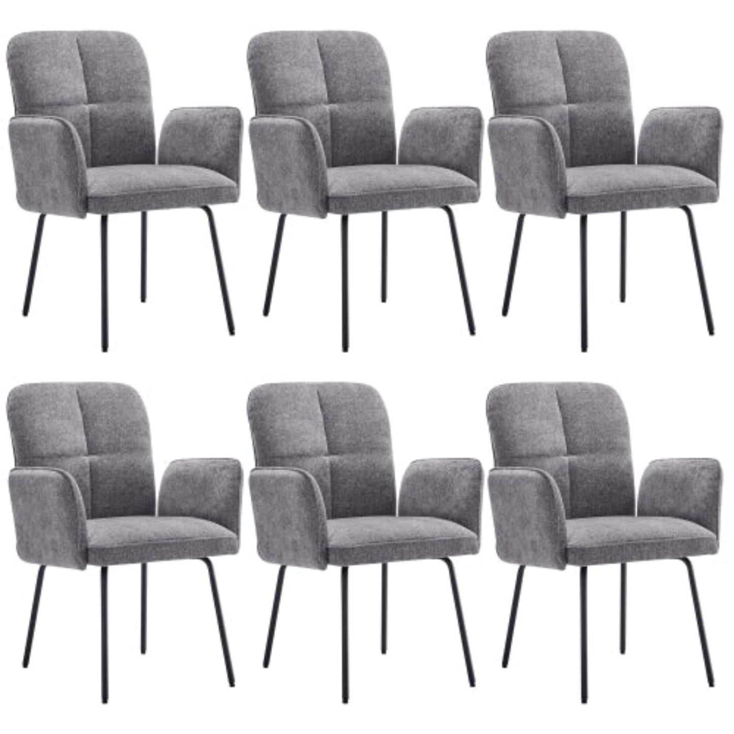 Grey Dining Chairs - Living Room Armchairs with Extra Large Cushions and Black Metal Legs - 6pcs