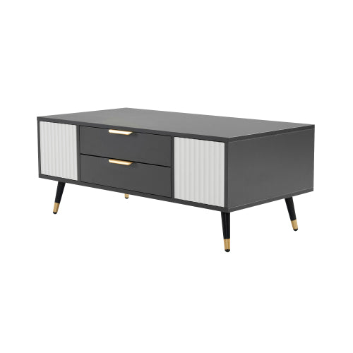 Modern Grey-White Coffee Table-2 Doors, 2 Drawers, Gold Accents, High-Quality Living Room Furniture