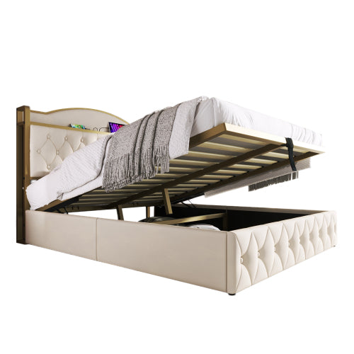 Light Beige Double Storage Bed Frame-USB-C, LED, Metal Slats, Upholstered