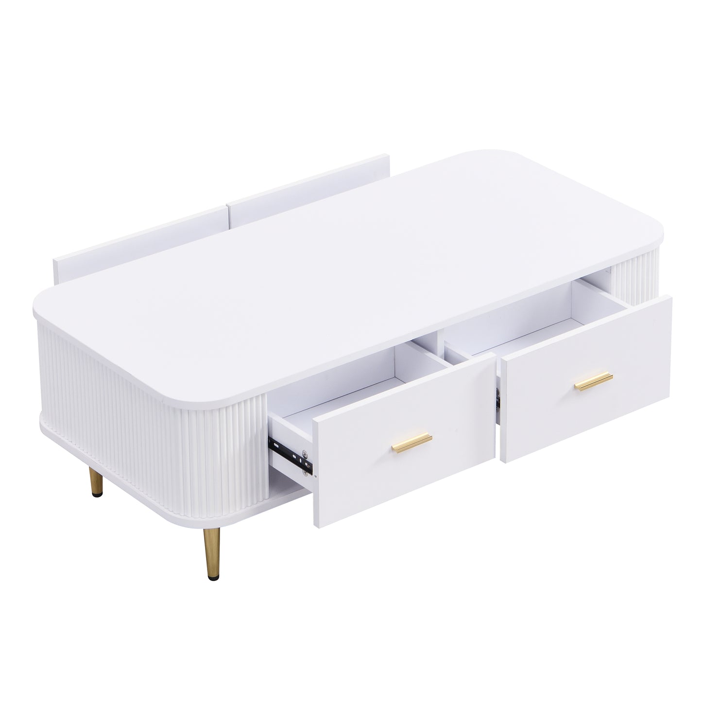 Elegant Wavy Sides Coffee Table with Gold Handles and Drawers