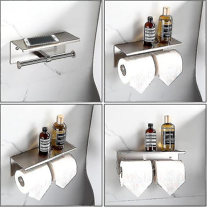 (Y)Double toilet paper holder with shelf brushed nickel toilet paper holder wall mounted