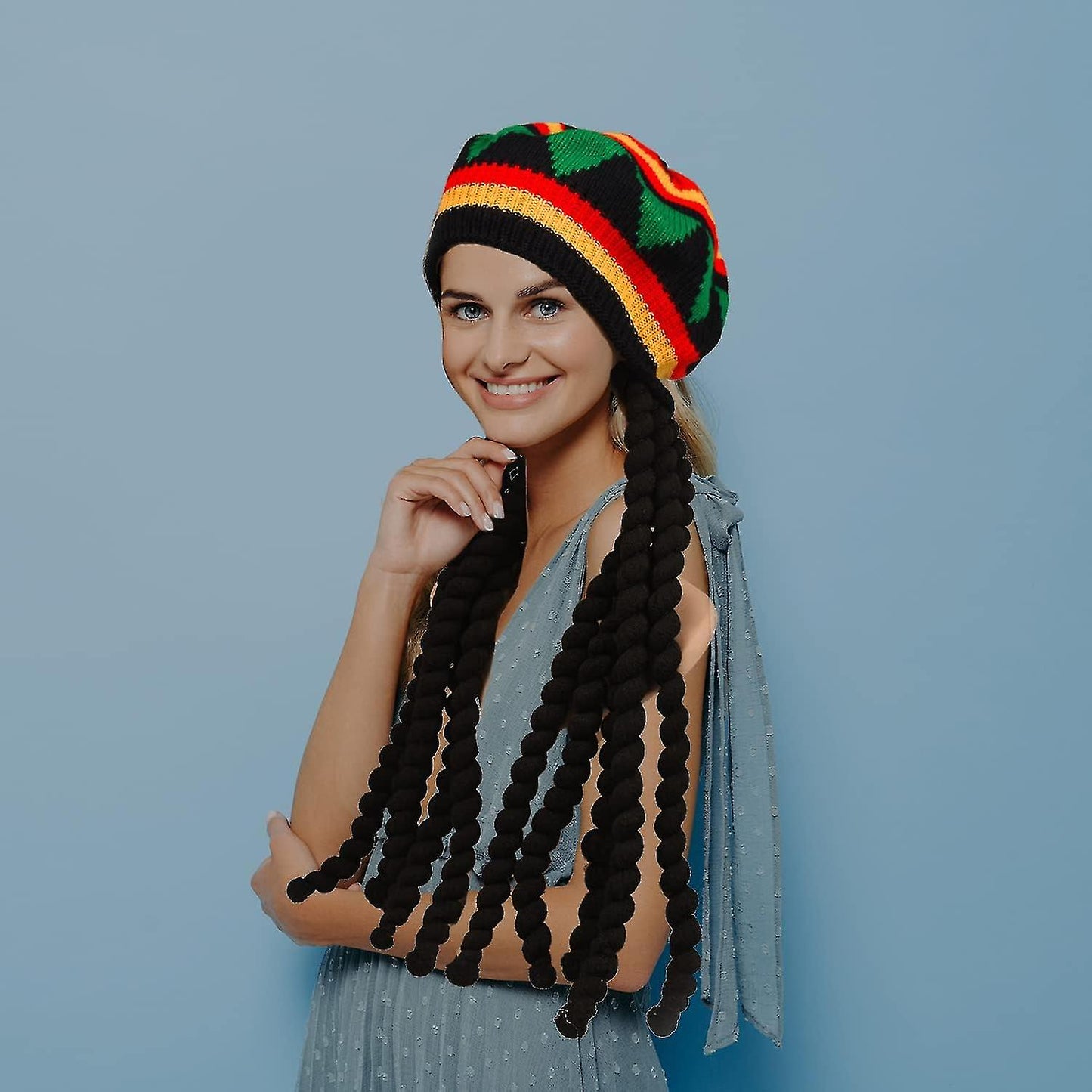 (Y)2 Pack Rasta Set Rasta Hat with Black Dreadlocks Wig and Yellow Glasses Caribbean Fancy Dress Costume