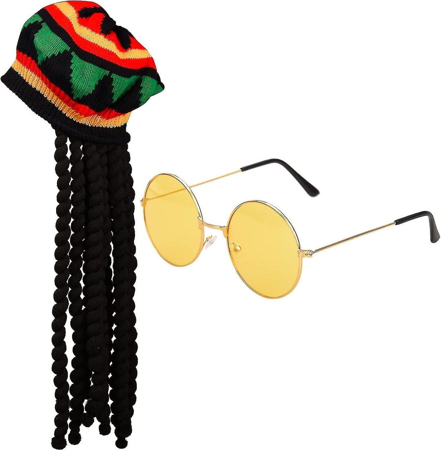 (Y)2 Pack Rasta Set Rasta Hat with Black Dreadlocks Wig and Yellow Glasses Caribbean Fancy Dress Costume