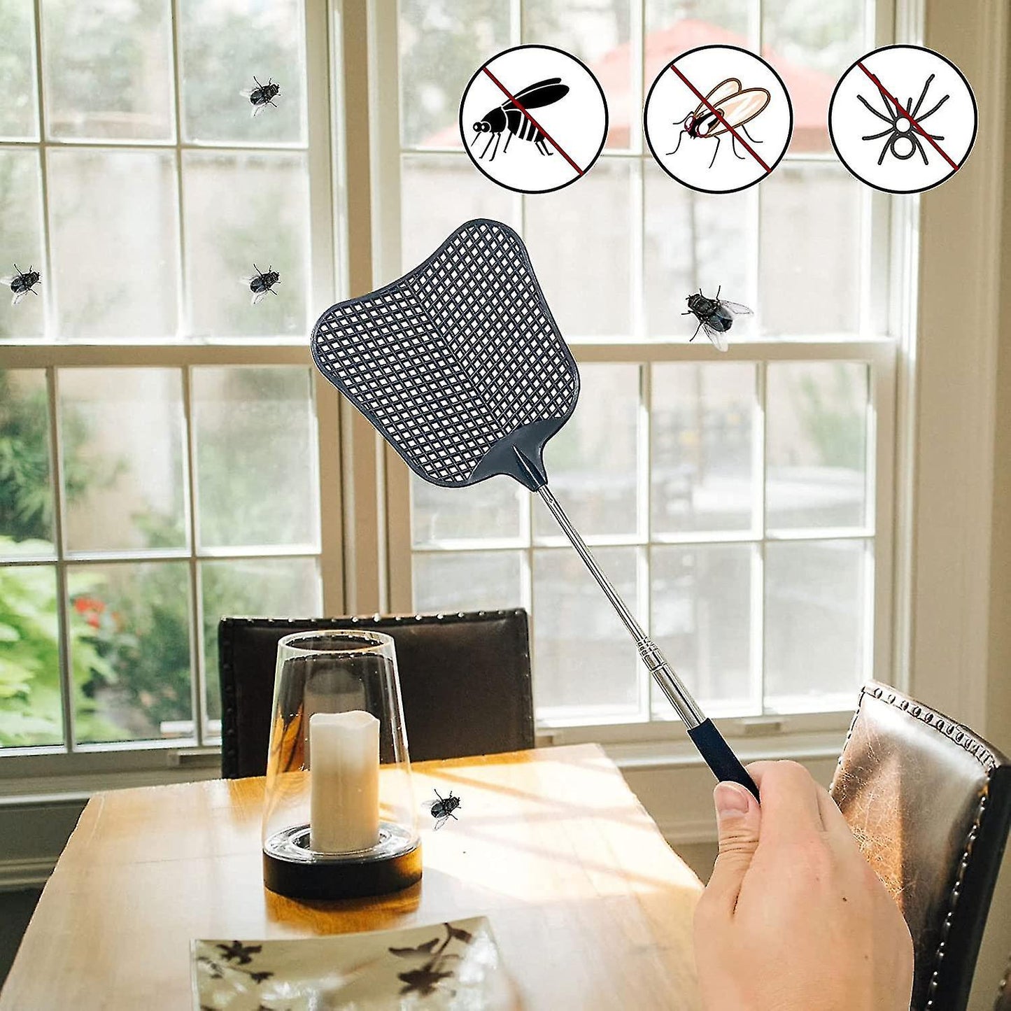 (Y)4 Pack Telescopic Fly Swatters. with Stainless Steel Handle, Convenient to Carry in The Car (Black)