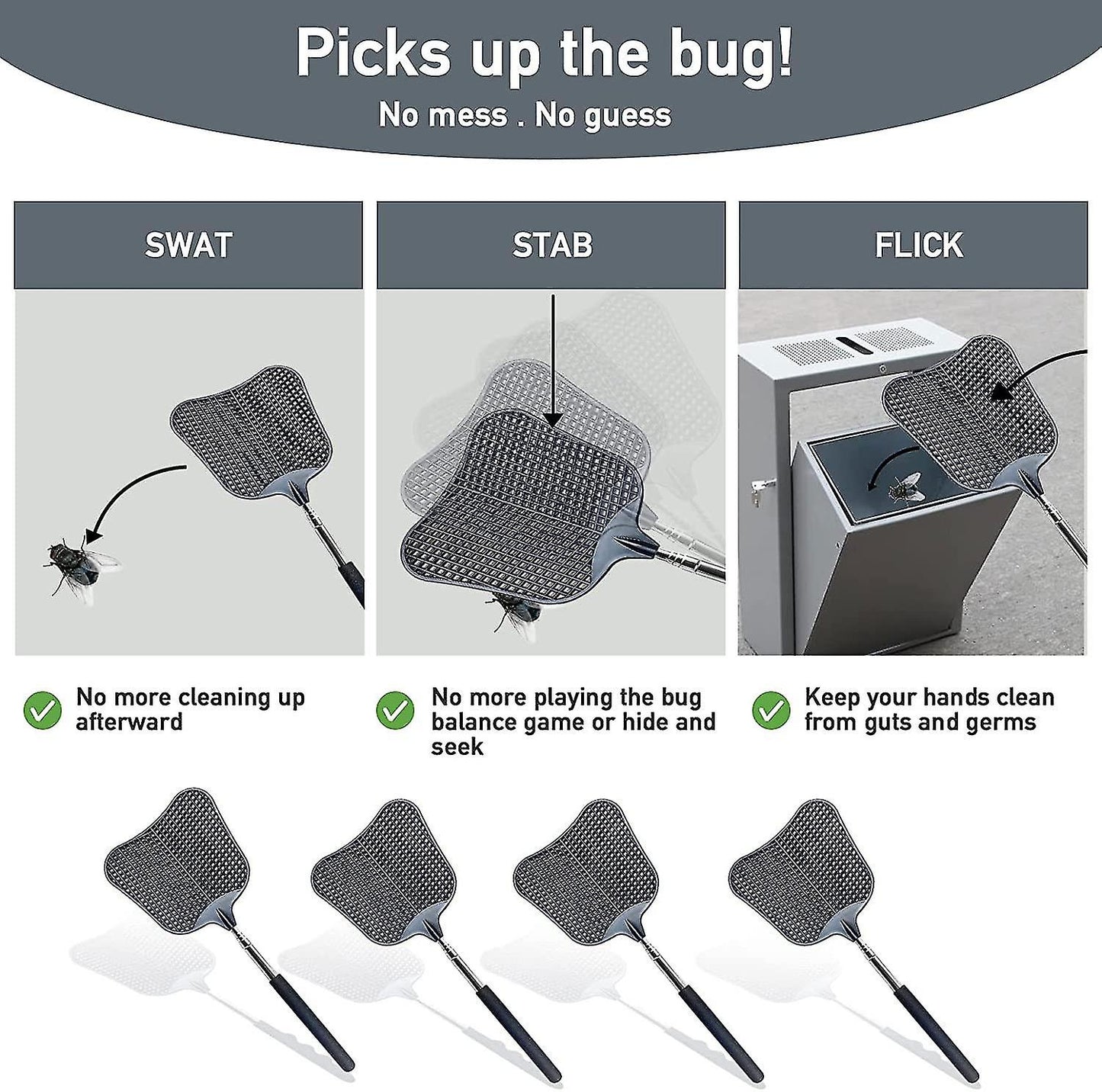 (Y)4 Pack Telescopic Fly Swatters. with Stainless Steel Handle, Convenient to Carry in The Car (Black)