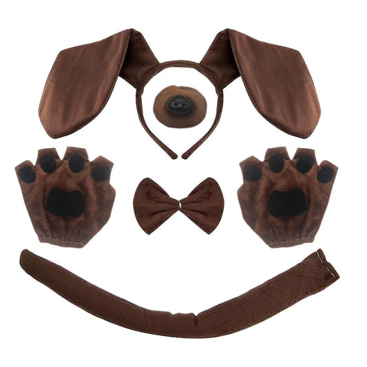 (Y)5 Pieces Puppy Dog Costume Set,Include Dachshund Hairband Nose Tail Gloves Bowtie for Adult Kids Cosplay Children's Day