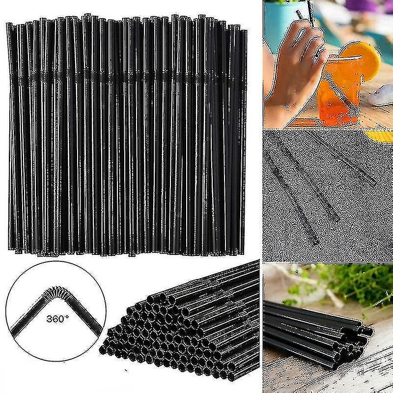 (Y)500/200/100pcs Flexible Bendy Black Drinking Straws Plastic Disposable Straws