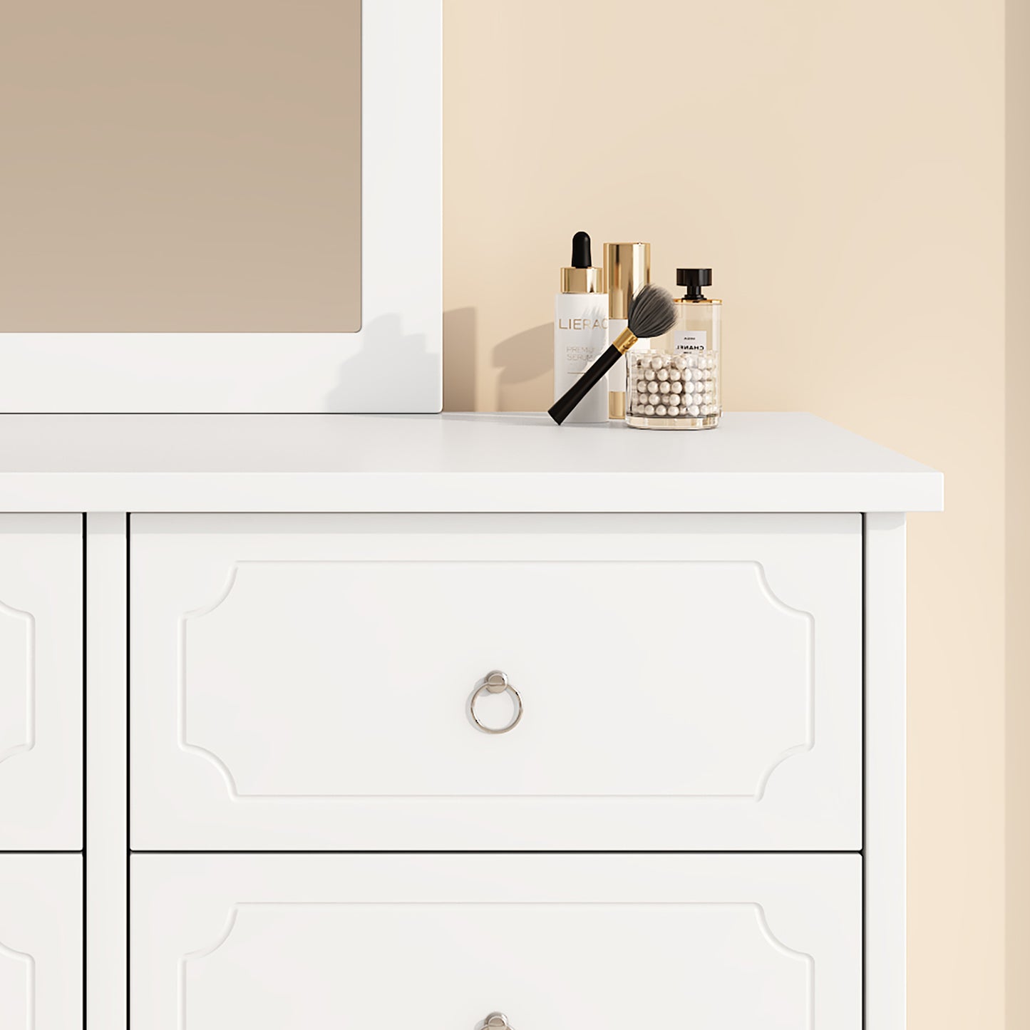 White Mirror Cabinet: Versatile 6-Drawer Chest for Living & Bedroom