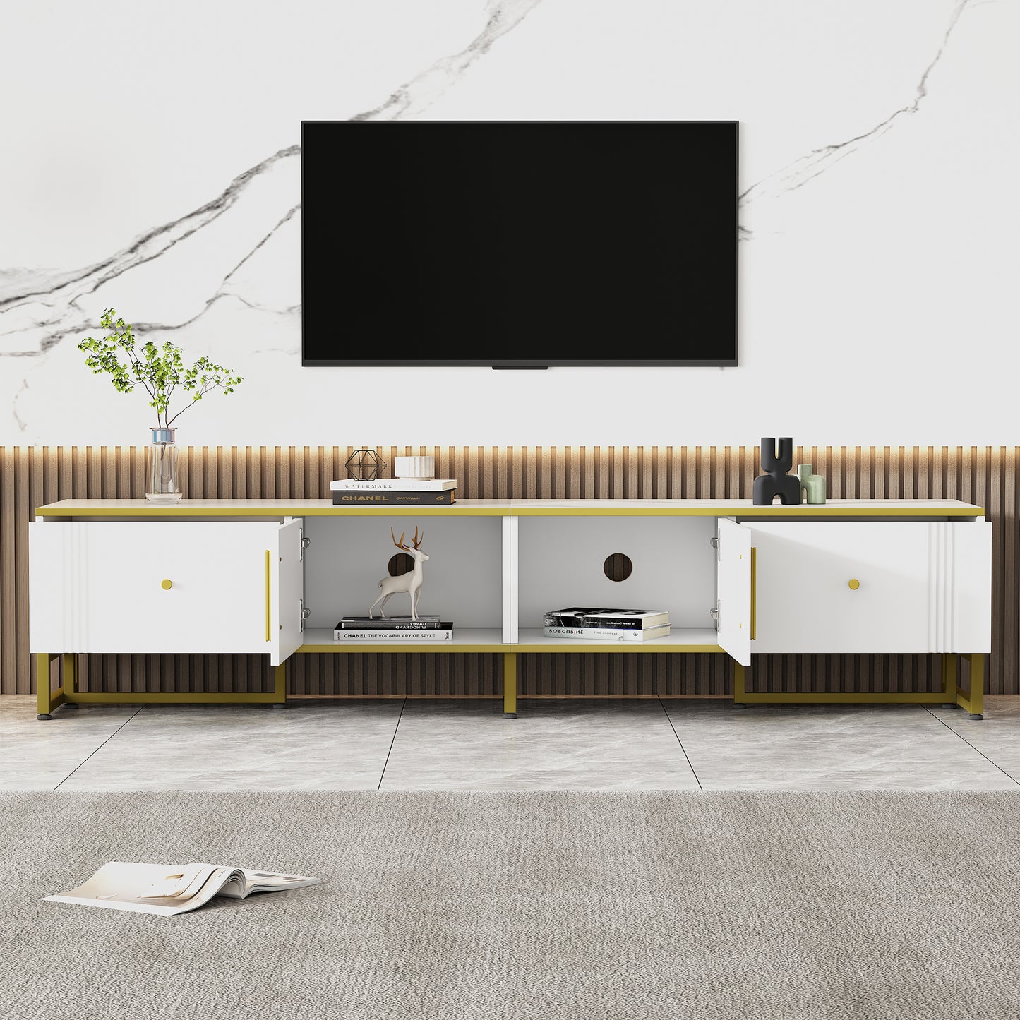 Elegant White TV Cabinet with Gold Border - Ideal for 80-Inch TVs