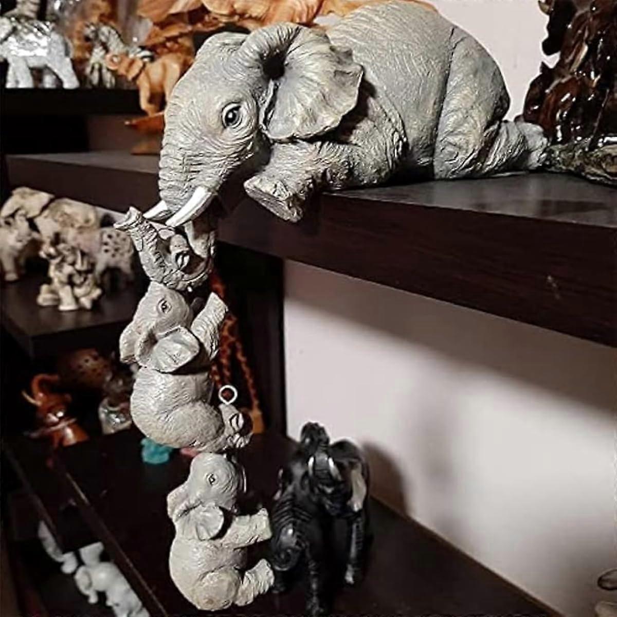 (Y)Collectible Elephant Shelf Sitter 3Pcs Set, Mother Elephant Hanging Baby Elephants on the Edge, Mantelpiece Decoration,