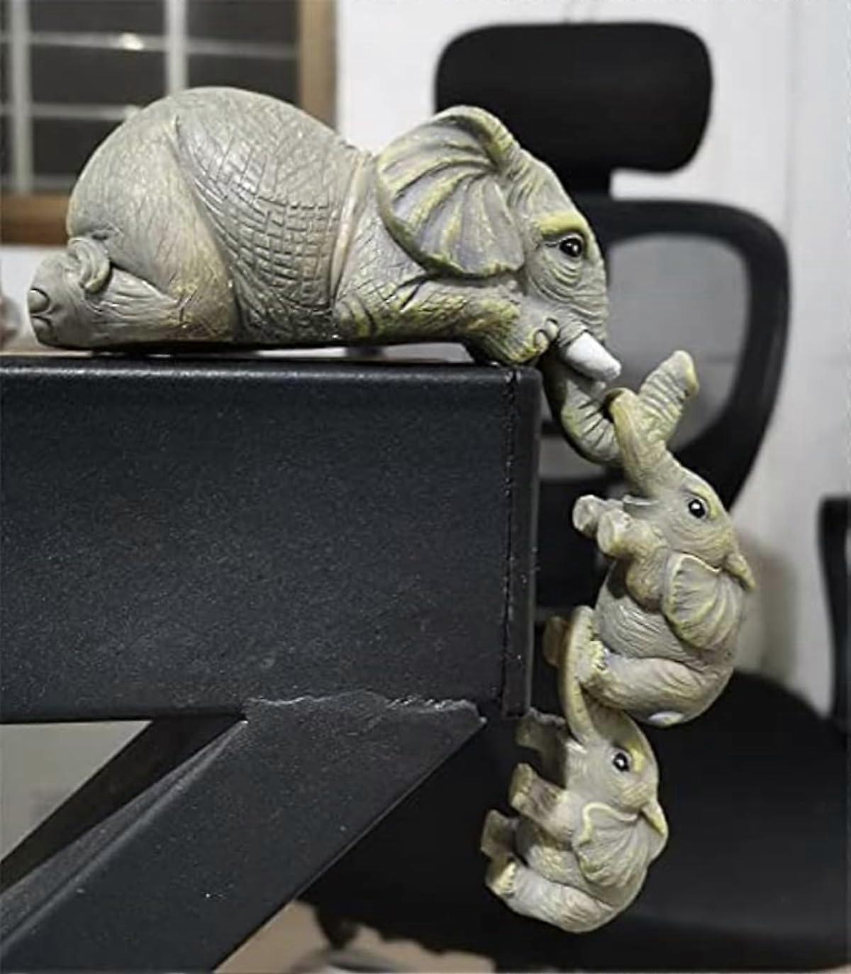 (Y)Collectible Elephant Shelf Sitter 3Pcs Set, Mother Elephant Hanging Baby Elephants on the Edge, Mantelpiece Decoration,