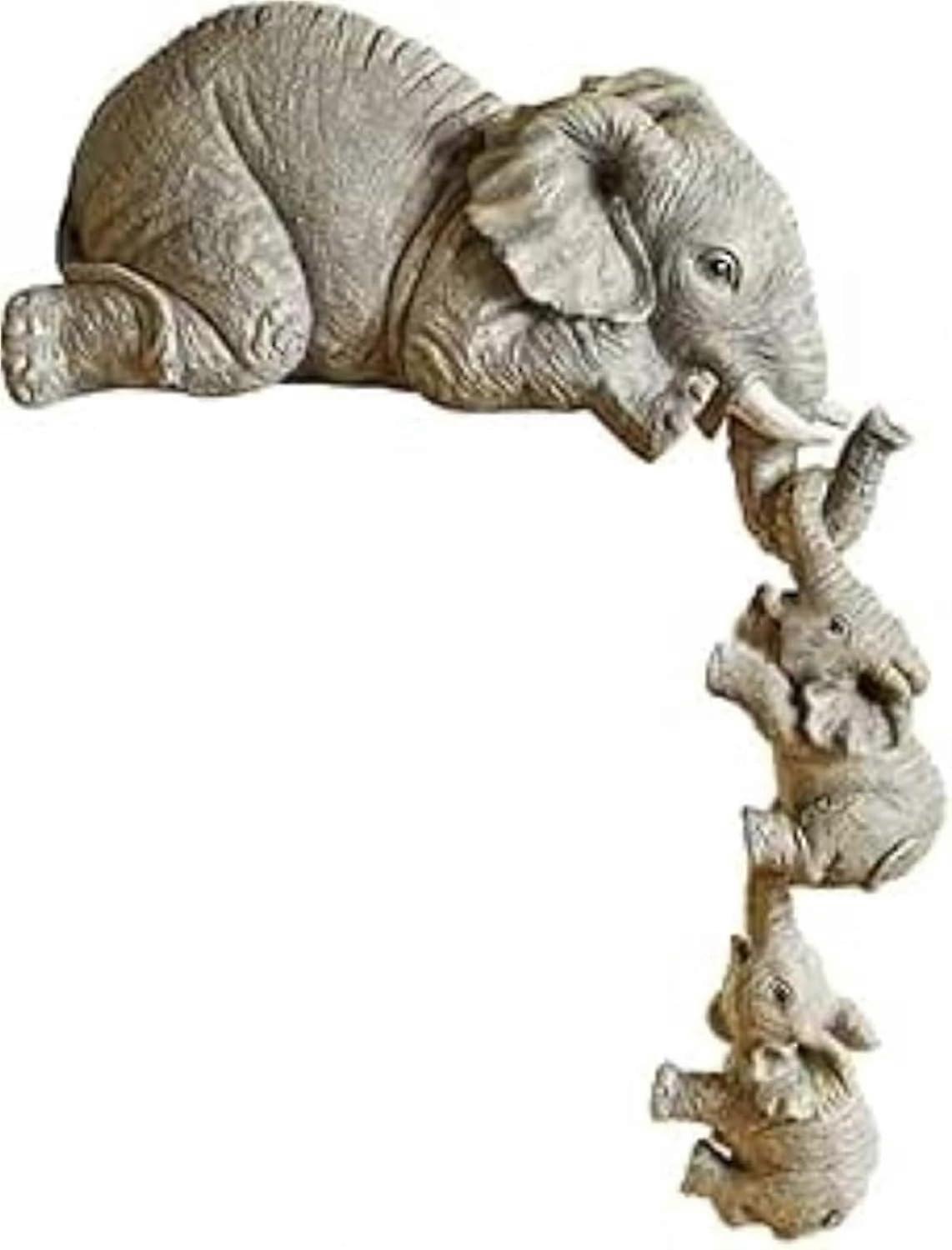 (Y)Collectible Elephant Shelf Sitter 3Pcs Set, Mother Elephant Hanging Baby Elephants on the Edge, Mantelpiece Decoration,