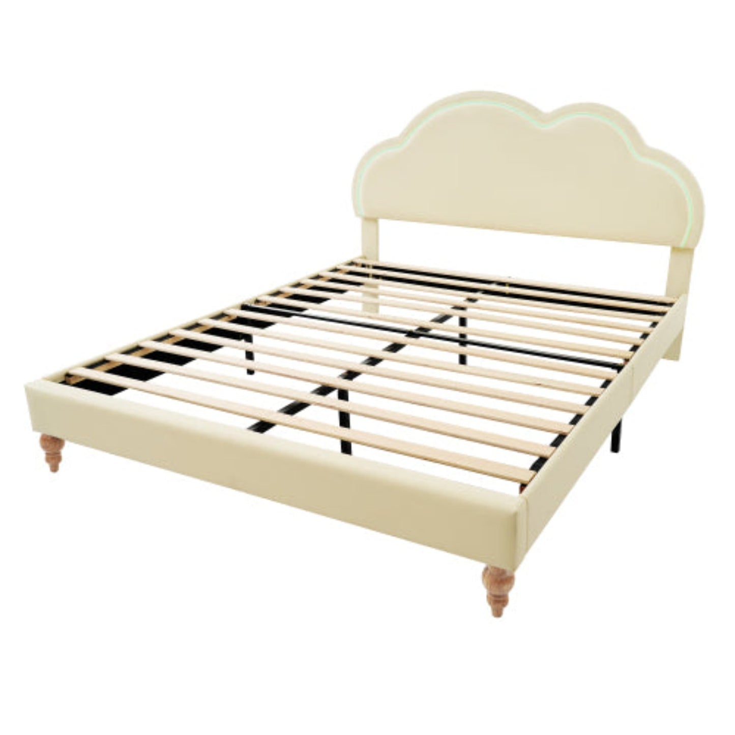 LED-lit Cream PU Double Bed, Upholstered Frame, Adjustable Cloud Headboard, Youth BedroomGuest Room Bed