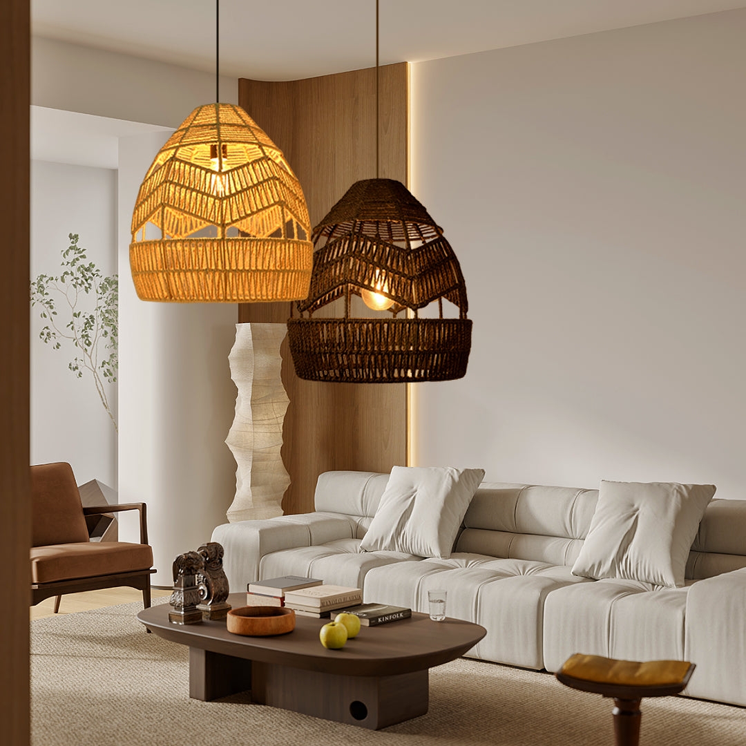 (Z)ARTURESTHOME Natural Woven Rope Pendant Light Boho Chic Hanging Lamp Handcrafted Rattan Light Fixture for Dining Room Living Room Bedroom Decor