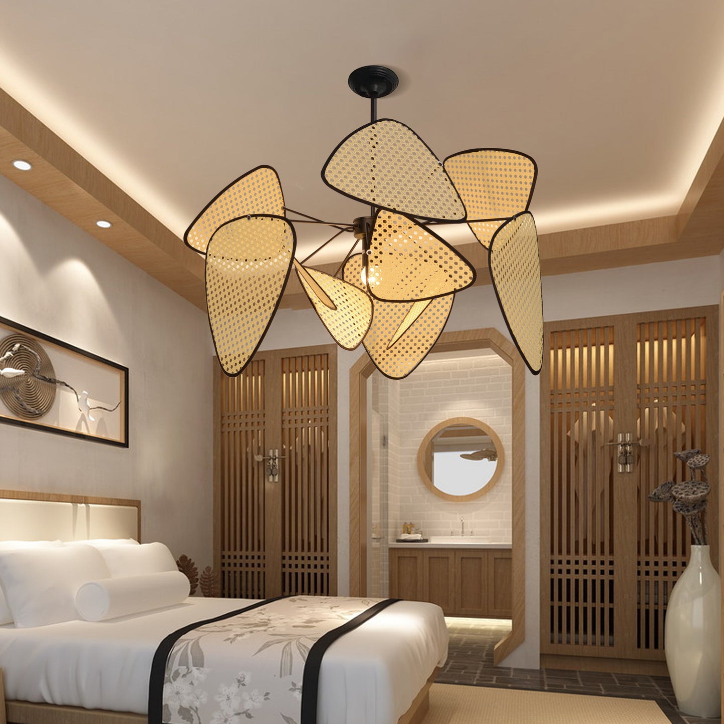 (M)Hollow Fan Blades Combination Rattan Pendant Light Shade For Bedroom Kitchen Island