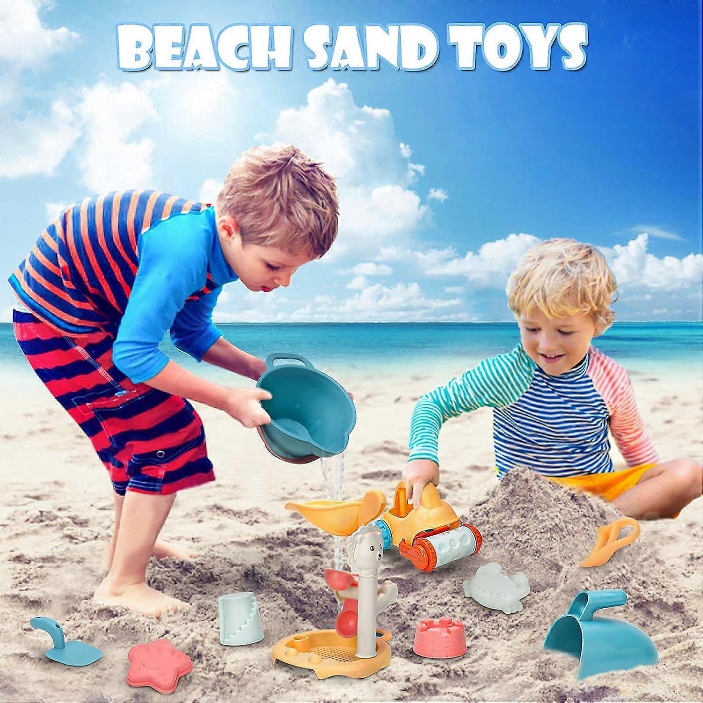 (Y)Children's beach toys, soft material sand pit toys with bucket and shovel, suitable for summer beach games for young children