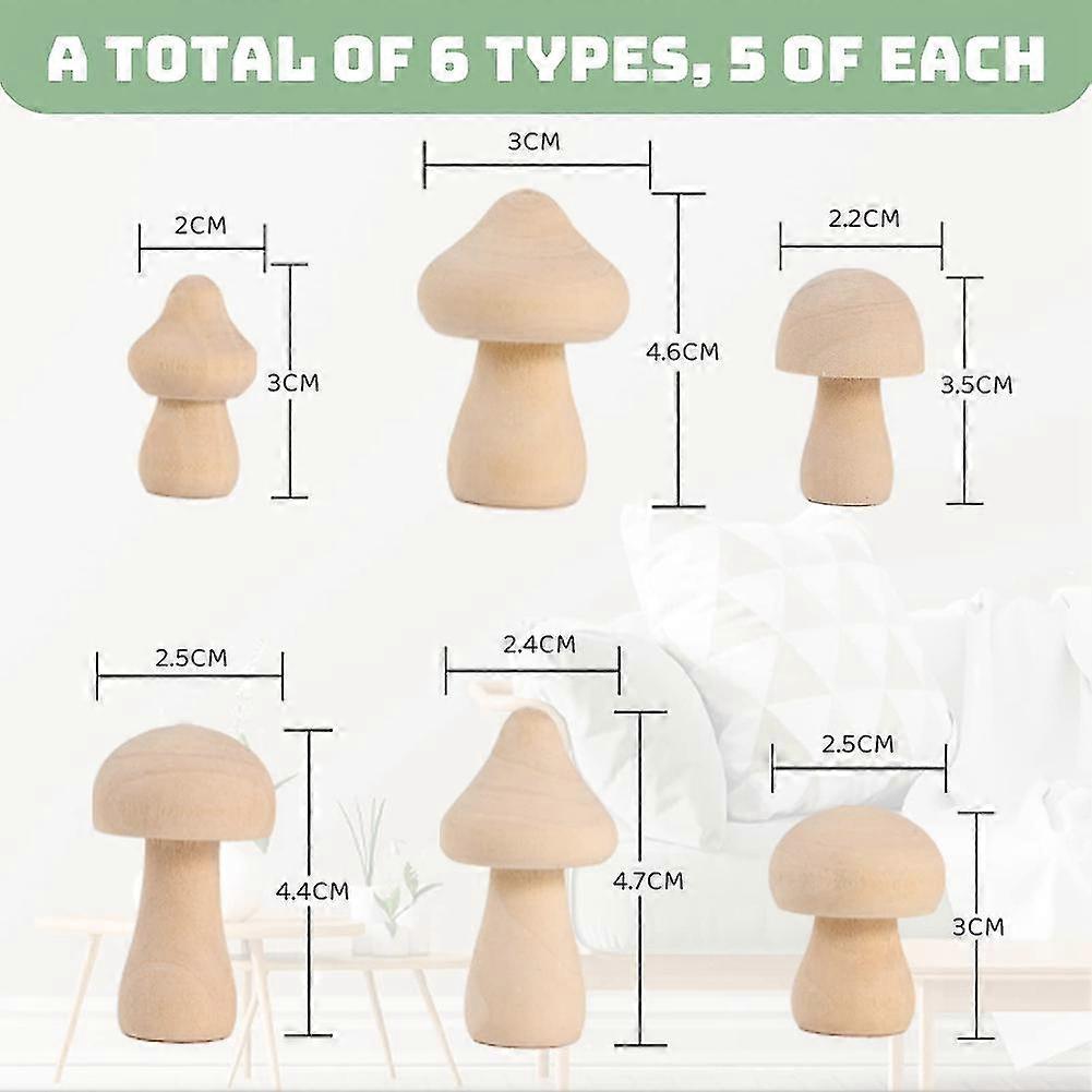 (Y)30 Pieces Unfinished Wooden Mushroom 6 Sizes of Natural Wooden Mushrooms for Arts & Crafts Projects