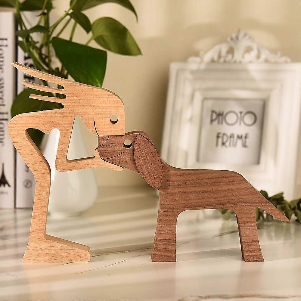 (Y)New Wooden Sculptures Handmade Accents Craft Figurine for Home Decor Accents, Woman and Dog Wooden Statue,