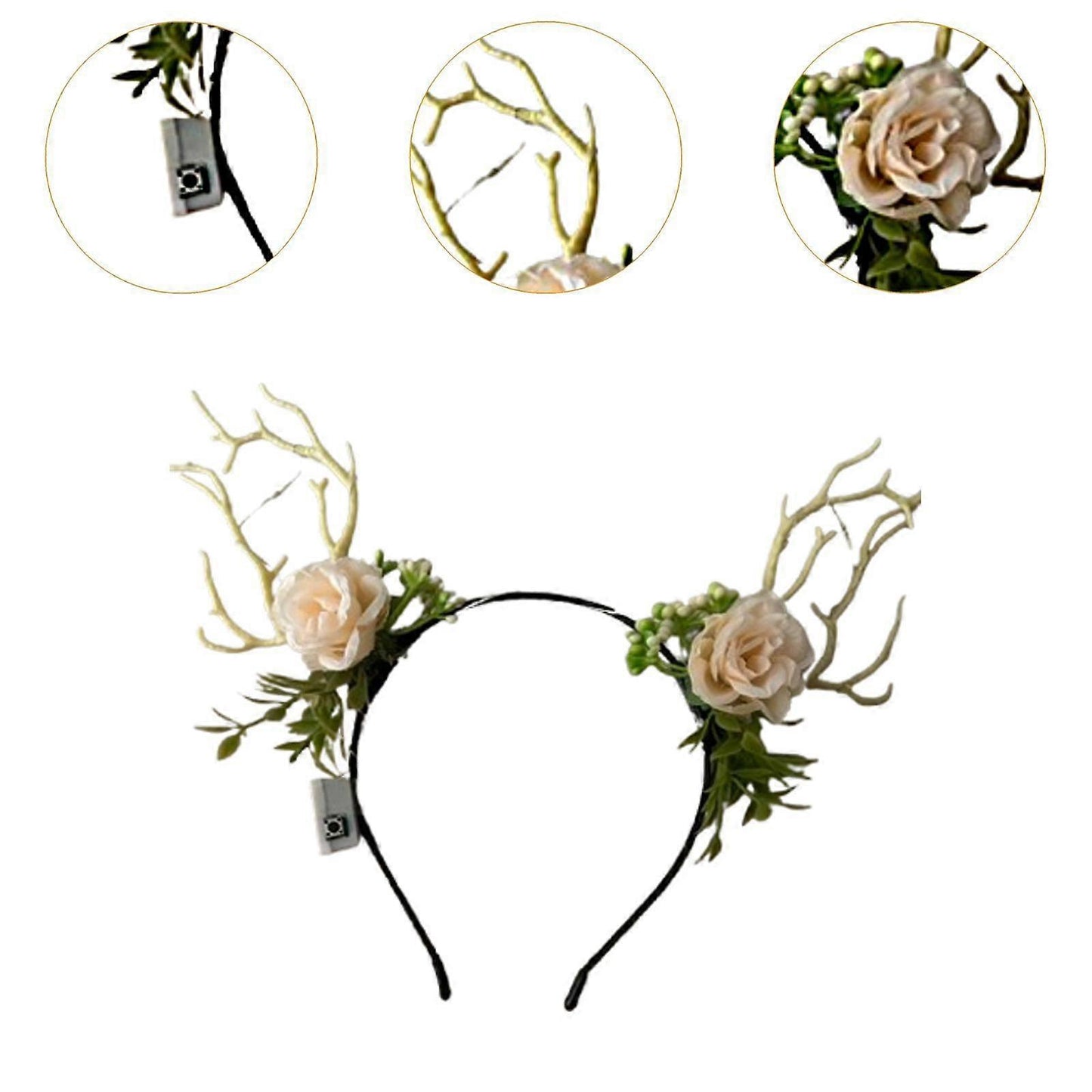 (Y)Light up LED Deer Antlers Flowers Headband for 3 Lighting Modes Prop Costume