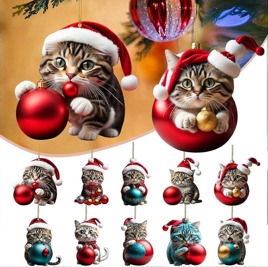 (Y)10pcs Christmas Tree Cat Pendant 2d Acrylic, Christmas Cat Hanging Decoration Funny Christmas Cat Ornament For Christmas