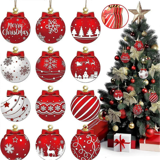 (Y)24pcs Red and White Christmas Ball Design Hanging Wooden Ornaments Set - Festive