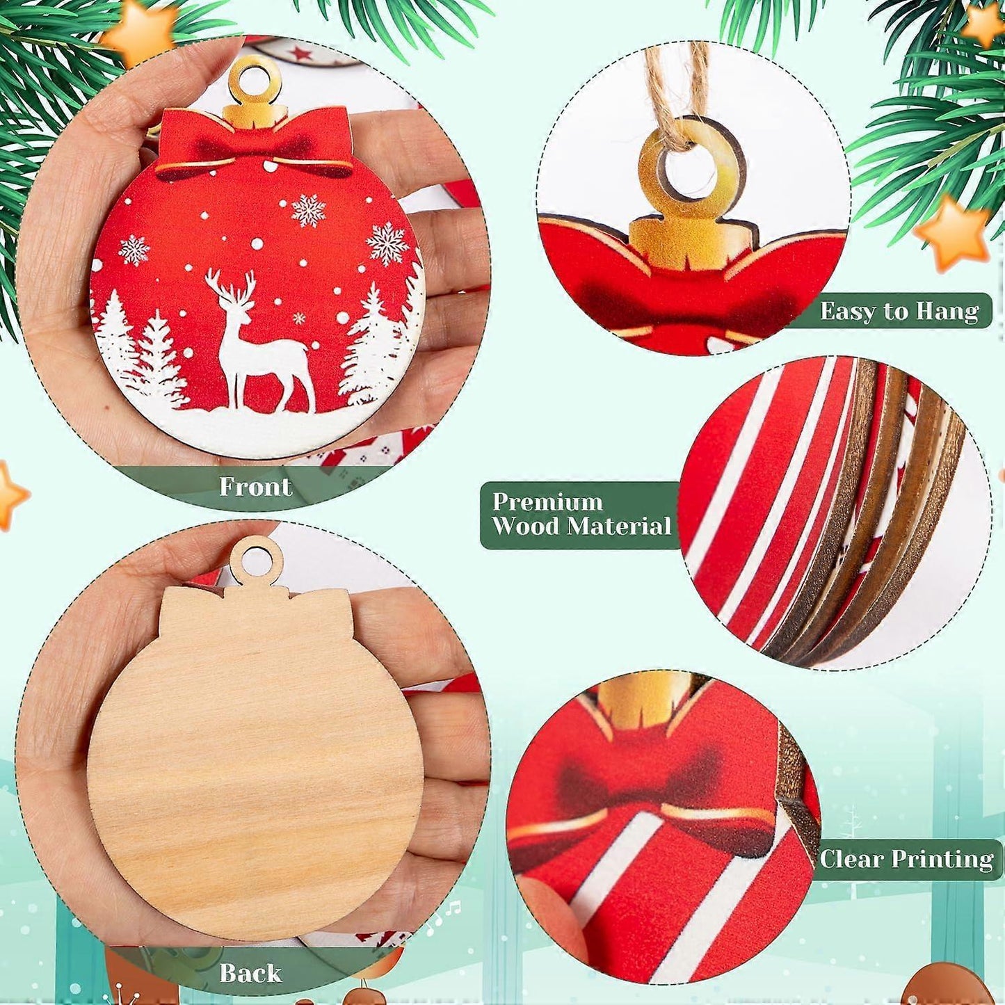 (Y)24pcs Red and White Christmas Ball Design Hanging Wooden Ornaments Set - Festive