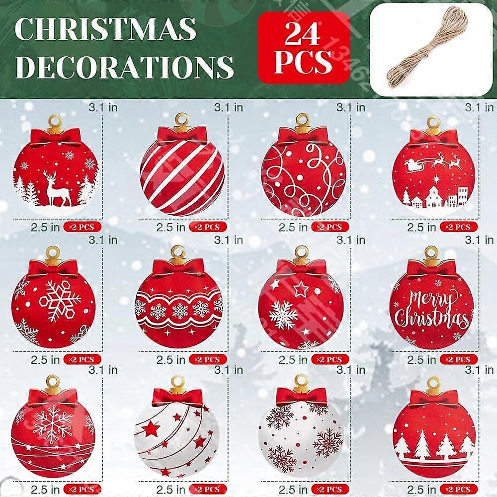 (Y)24pcs Red and White Christmas Ball Design Hanging Wooden Ornaments Set - Festive