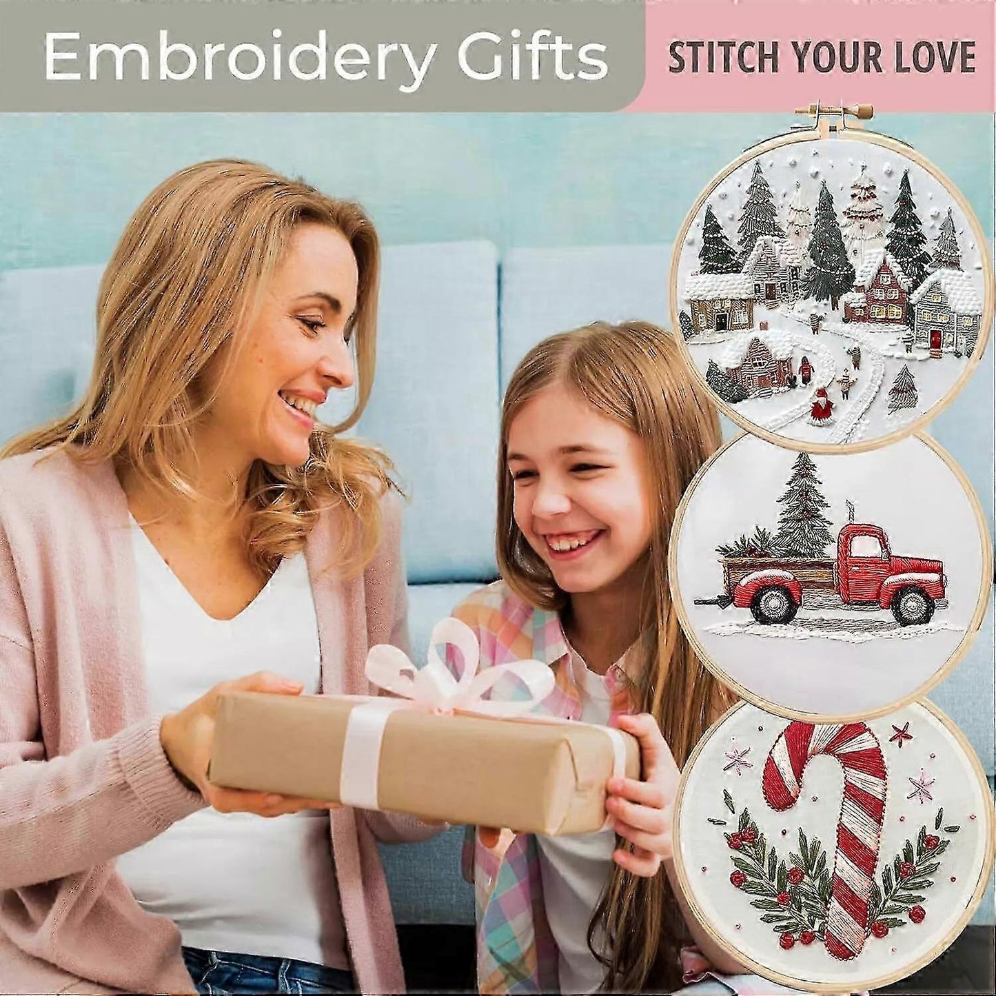 (Y)Christmas Embroidery KIT, Hand DIY Embroidery Stamped Kits for Beginners Adults