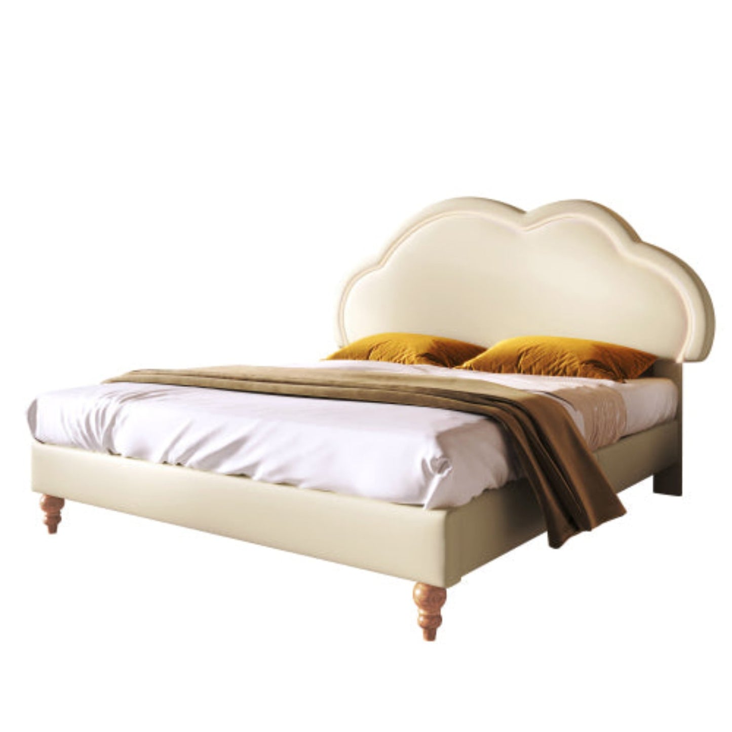 LED-lit Cream PU Double Bed, Upholstered Frame, Adjustable Cloud Headboard, Youth BedroomGuest Room Bed