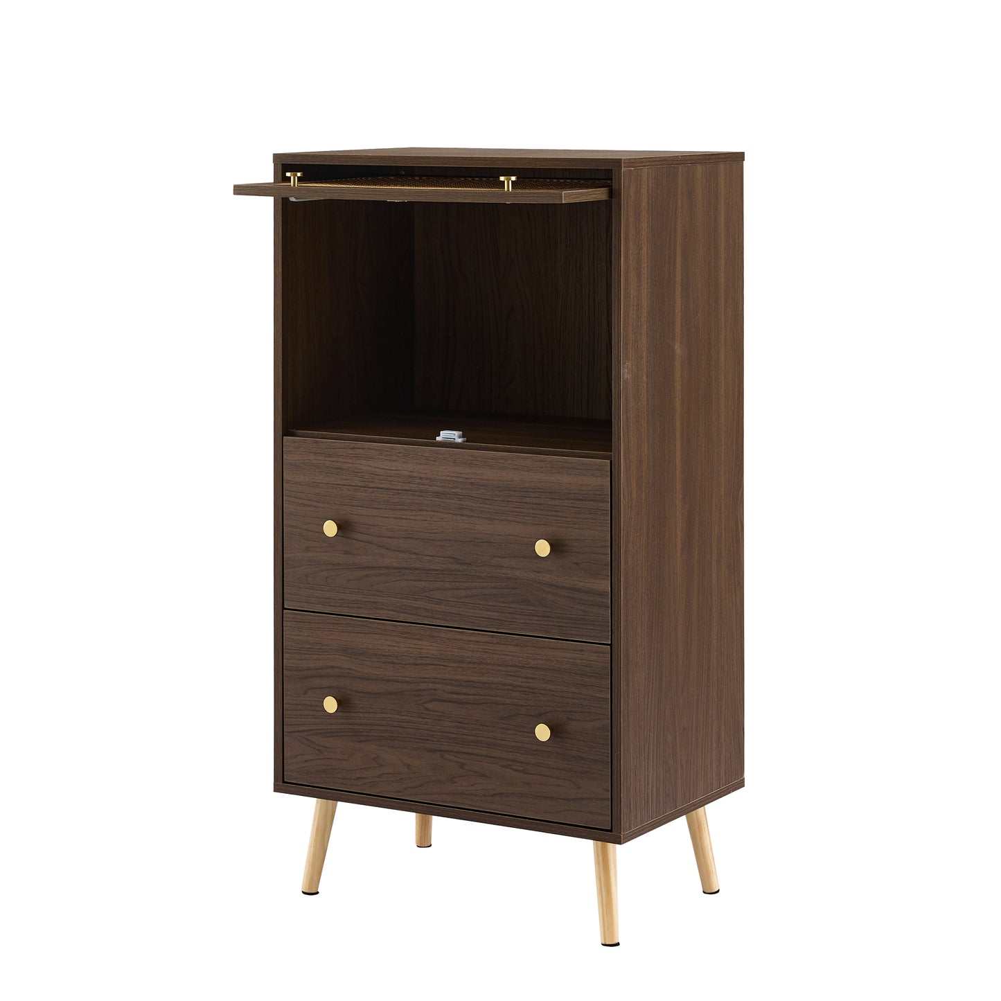 Rattan-Detail Walnut Cabinet - Modern Storage with Sliding Door- Gold Legs