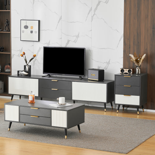 Elegant Grey and White Living Room Set-TV Stand, Side Table, Coffee Table - 3-Piece Value Set with Wall Cabinet