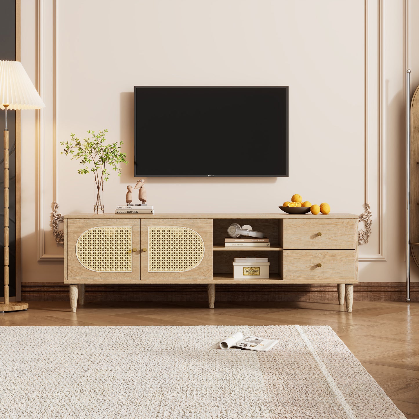 150cm Rattan TV Cabinet with Adjustable Shelf for 60 inches TVs