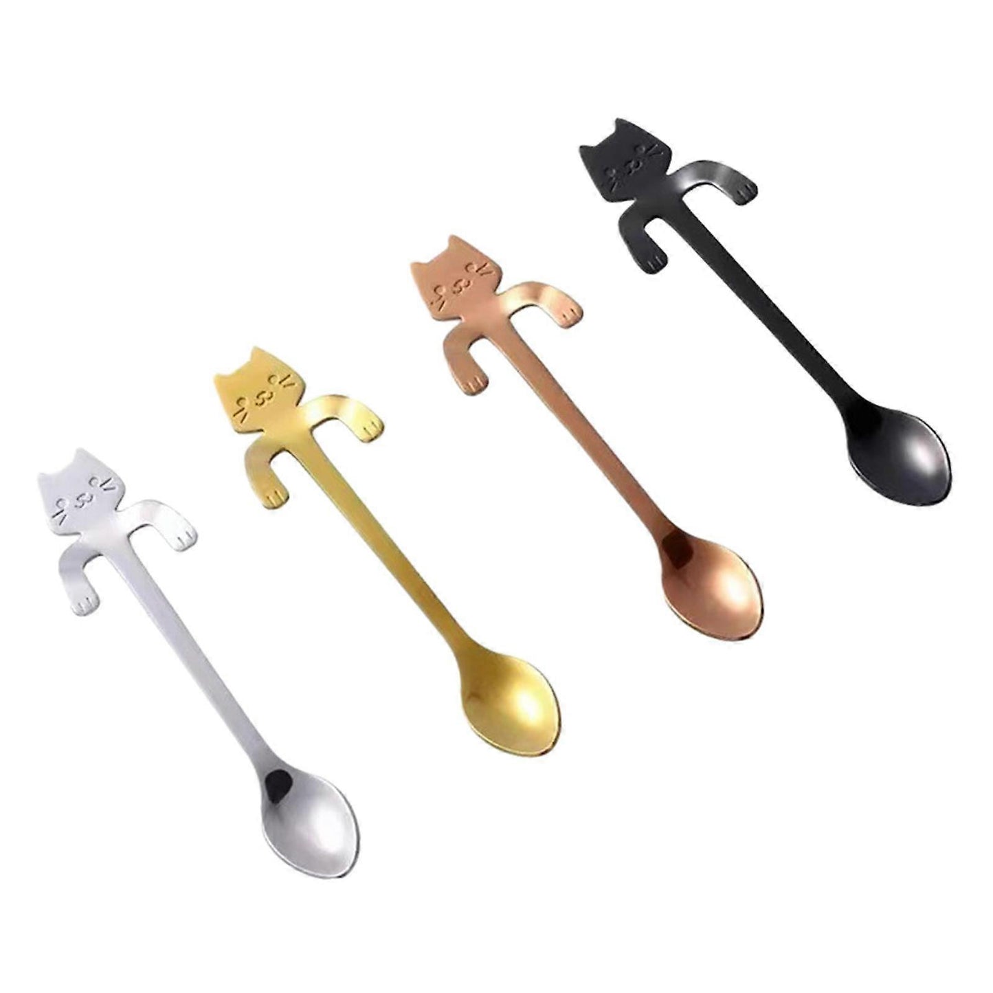 (Y)4 Pieces Cat Spoon Coffee Tea Spoon Set, Stainless Steel Hanging Cup Teaspoons Mini Long Cute Kitten Stirring Spoon