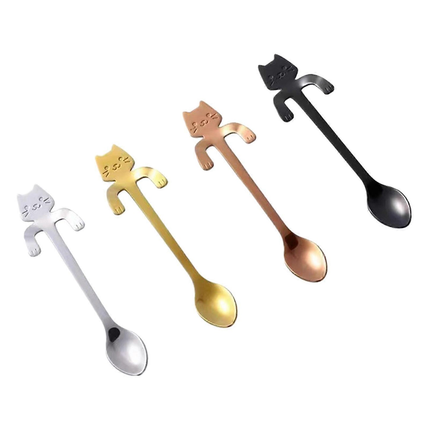 (Y)4 Pieces Cat Spoon Coffee Tea Spoon Set, Stainless Steel Hanging Cup Teaspoons Mini Long Cute Kitten Stirring Spoon