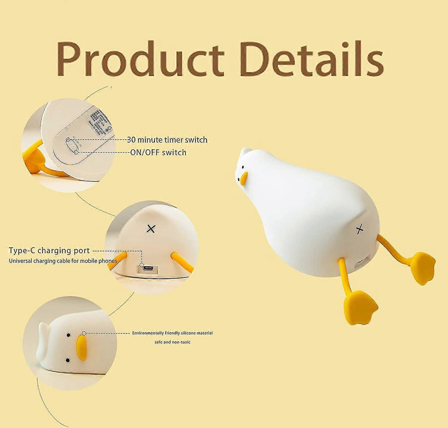 (Y)Led Lying Flat Duck Night Light, 3 Level Dimmable Nursery Nightlight,cute Lamp Silicone Squishy Light Up Duck,