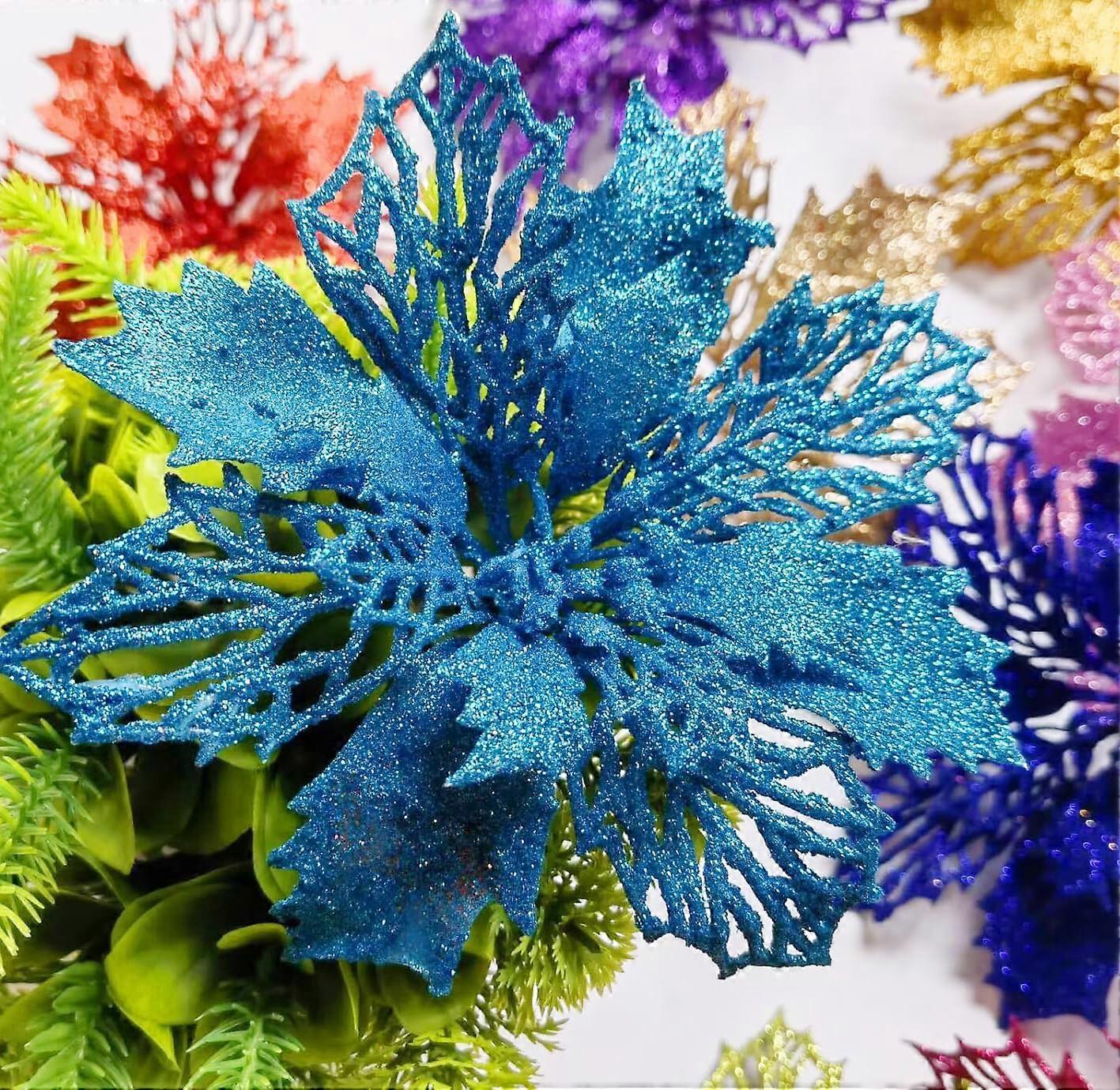 (Y)24pcsGlitter Poinsettia Flowers 6 Inch for Christmas Tree Ornaments Christmas