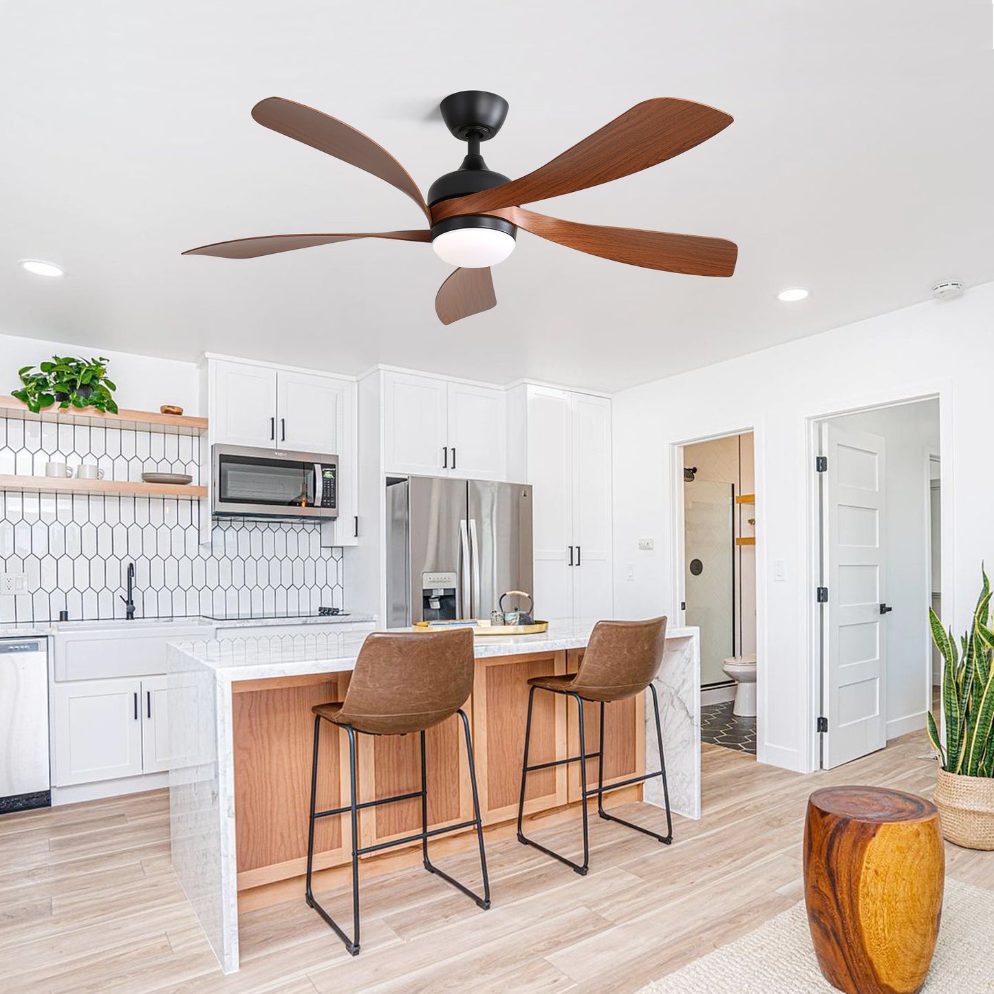 52" Modern Ceiling Fan with 3-Color Dimmable LED Light, 5 ABS Blades, Remote Control & Reversible DC Motor in Black
