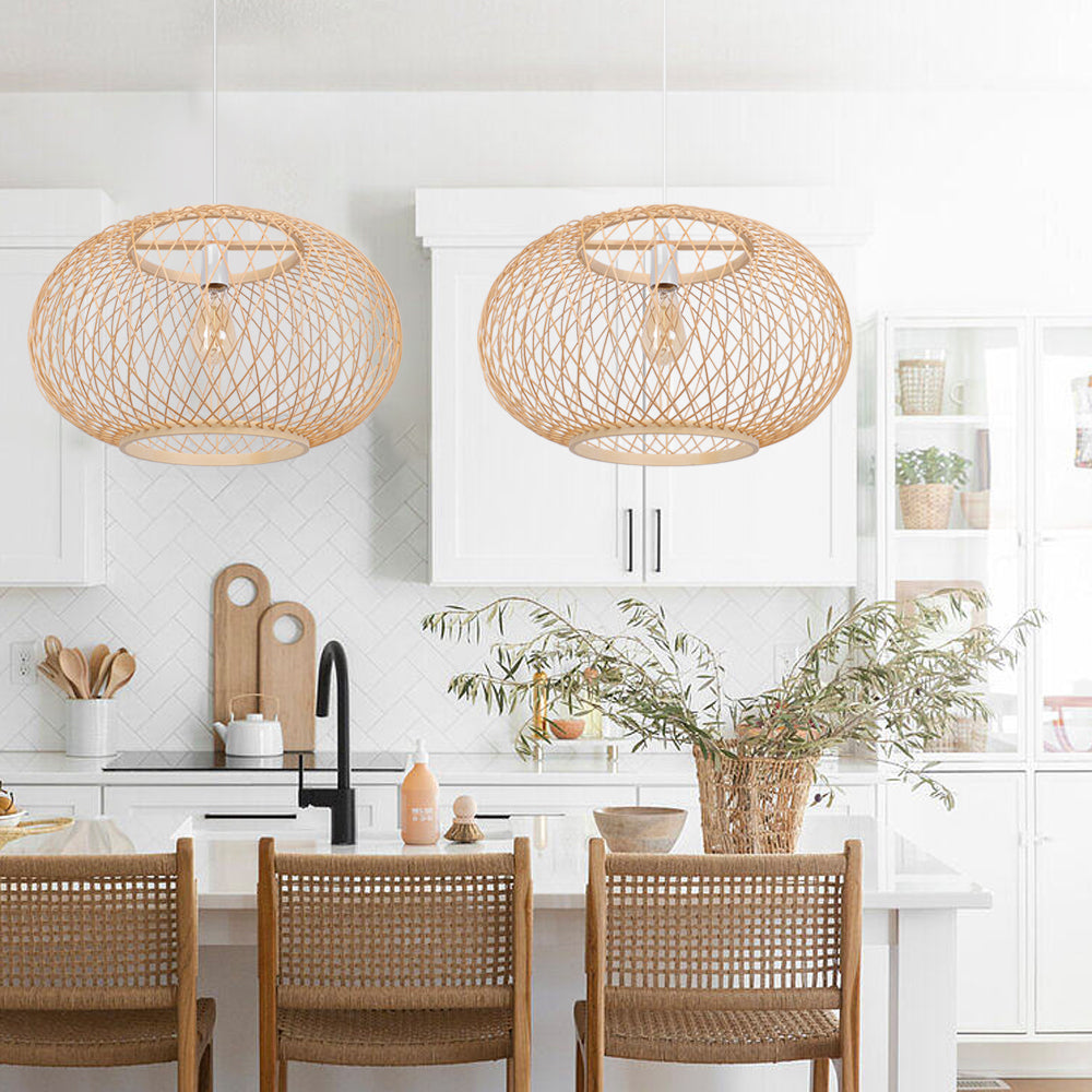 (M)Bamboo Pendant Lighting Globe Shade Boho Rattan Hanging Lights Fixture E27 for Kitchen Island