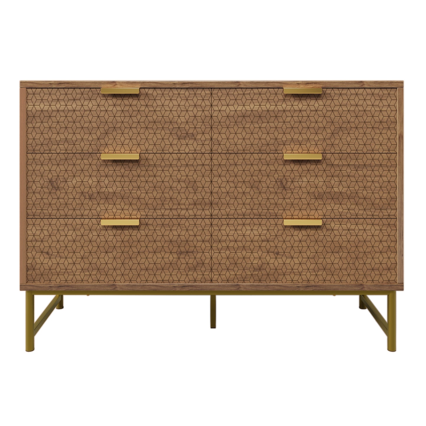 Walnut Embossed 6-Drawer Chest with Metal Handles