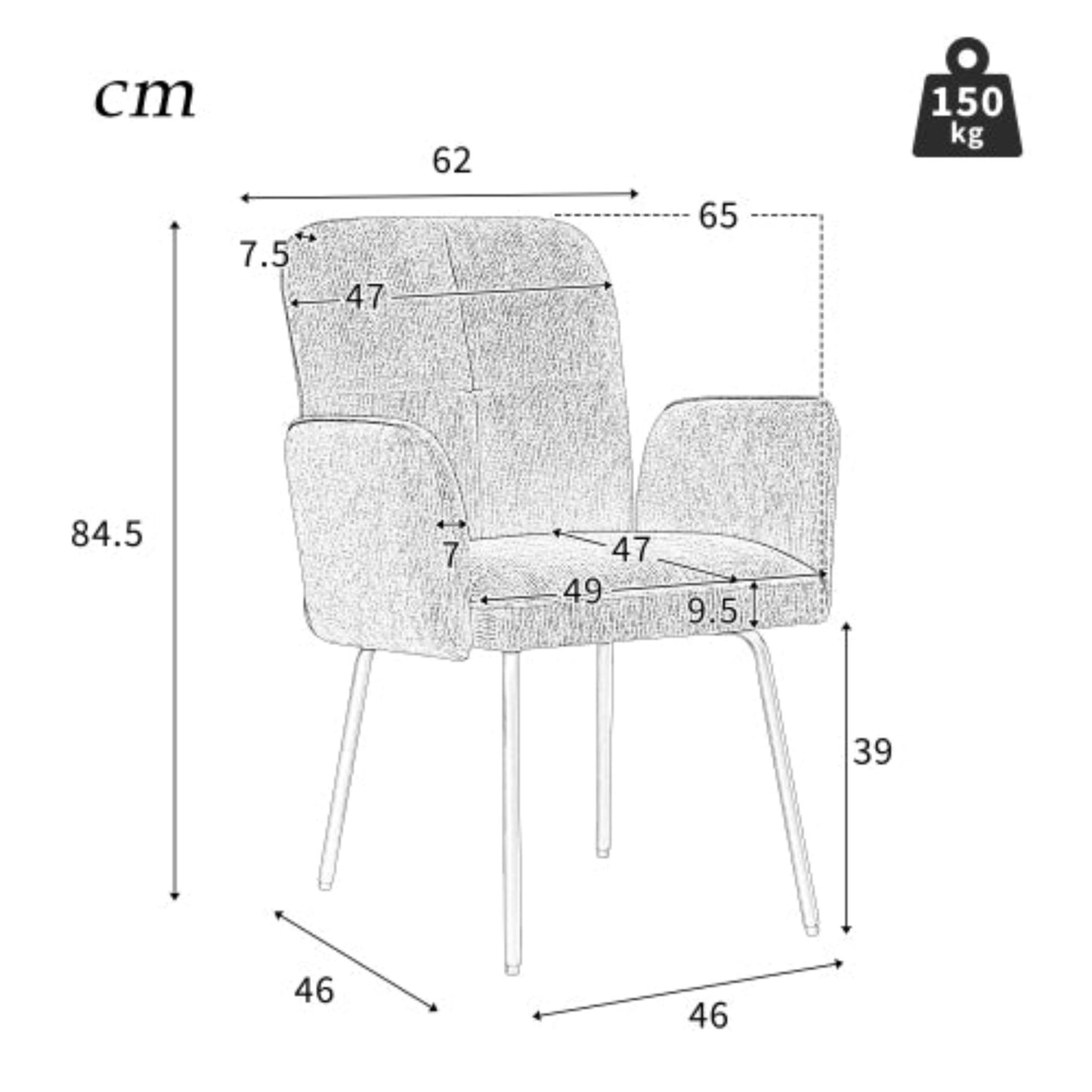 Grey Dining Chairs - Living Room Armchairs with Extra Large Cushions and Black Metal Legs - 4pcs