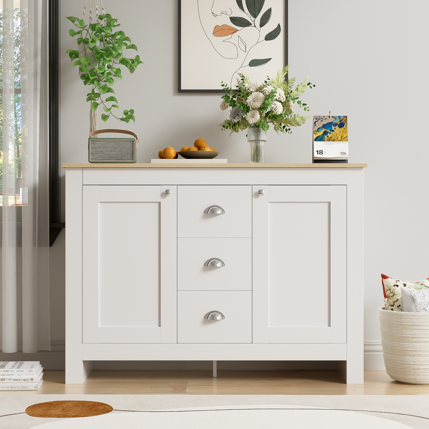 116cm Warm White Wooden Sideboard with 2 Doors, 3 Drawers,Silver Handles