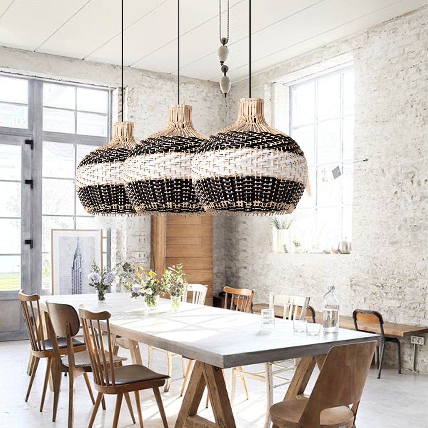 (M)Rattan Pendant Light Fixtures Geometric Single Rattan Ceiling Fixture with Adjustable Cord for for Kitchen Island